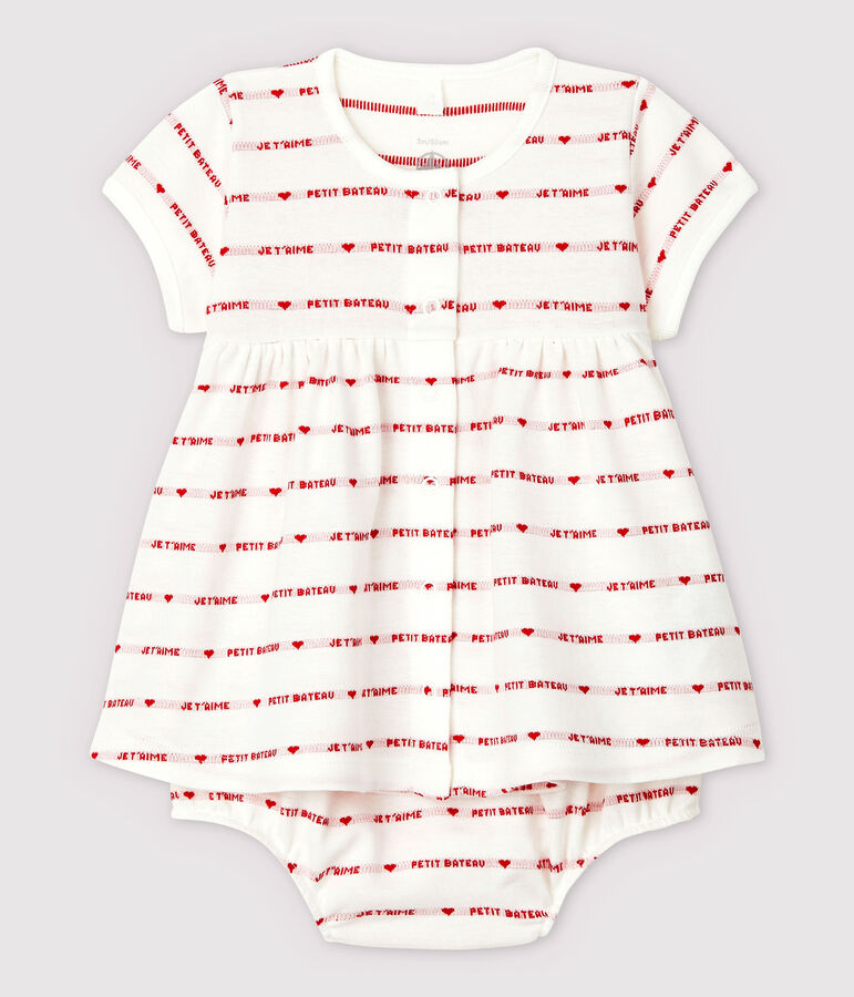 Robe manches courtes avec bloomer b&eacute;b&eacute; fille en jacquard en coton biologique blanc MARSHMALLOW/rouge TERKUIT