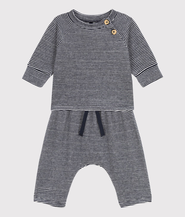 Ensemble 2 pi&egrave;ces b&eacute;b&eacute; en velours en coton bleu/blanc