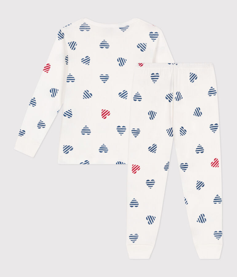 Pyjama enfant en coton manches longues imprim&eacute; c&oelig;urs blanc MARSHMALLOW/blanc MULTICO