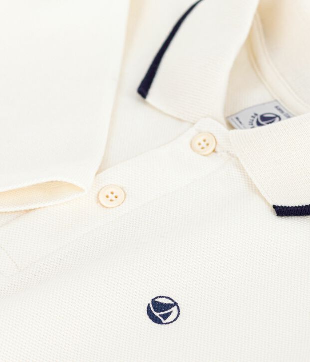 Polo enfant en coton &agrave; manches longues imprim&eacute; blanc cass&eacute;