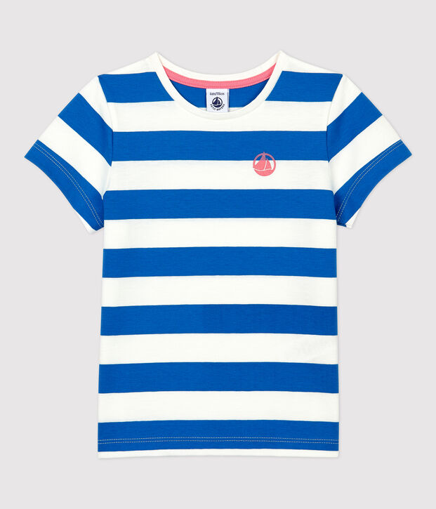 Tee-shirt manches courtes en coton enfant fille bleu/blanc