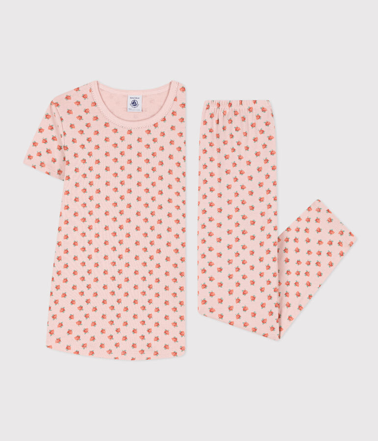 Pyjama manches courtes petite fille en coton rose SALINE/blanc MULTICO