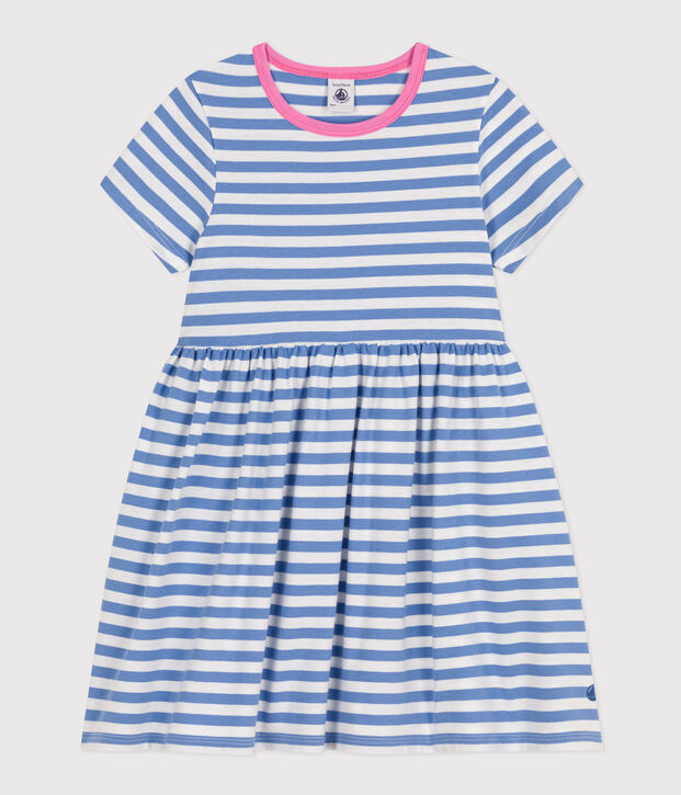 Robe ray&eacute;e manches courtes en coton enfant fille bleu/blanc