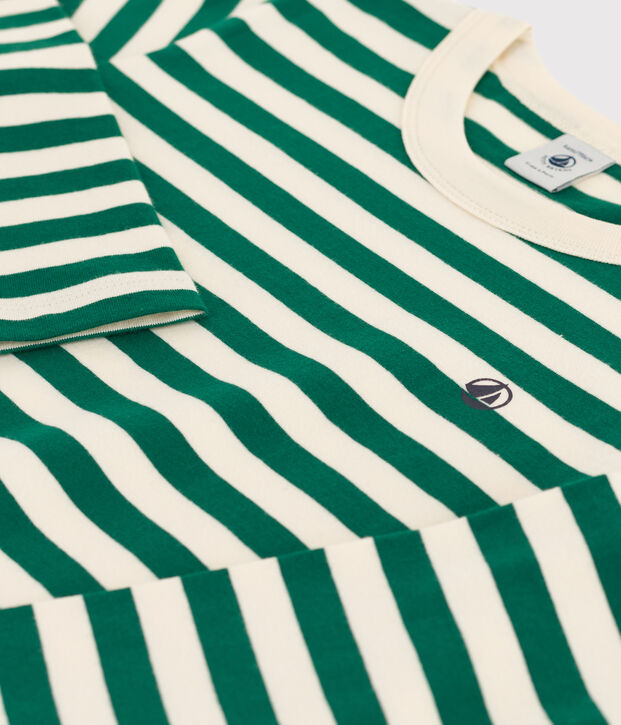 Tee-shirt manches longues en coton enfant gar&ccedil;on vert/&eacute;cru