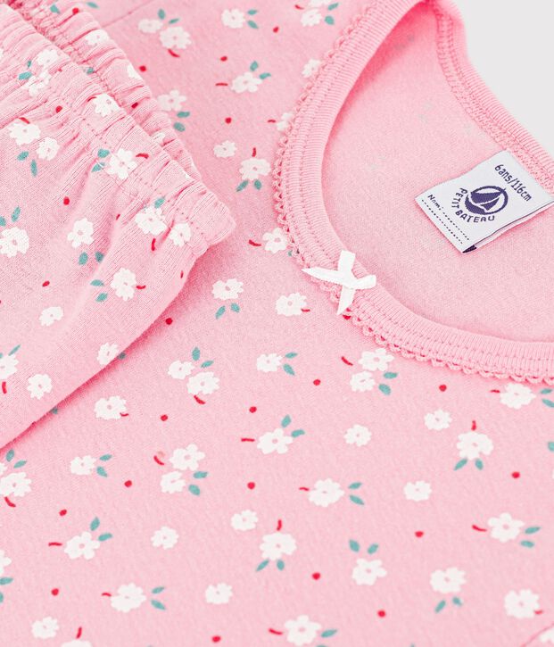Pyjama enfant en coton manches courtes jambes longues imprim&eacute; rose/multicouleur