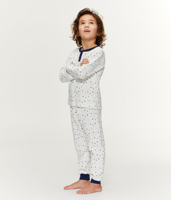 Pyjama petit garçon taille montante en molleton blanc MARSHMALLOW/blanc MULTICO