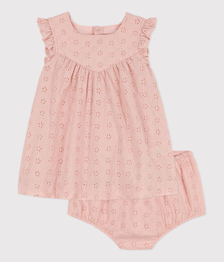 Robe b&eacute;b&eacute; avec bloomer en broderie anglaise rose SALINE