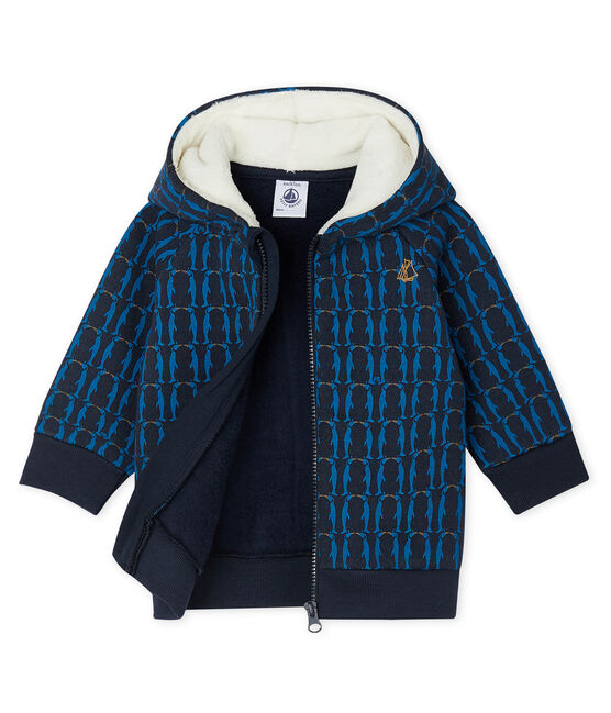 Sweatshirt à capuche bébé garçon en molleton imprimé et doublé de sherpa bleu SMOKING/blanc MULTICO
