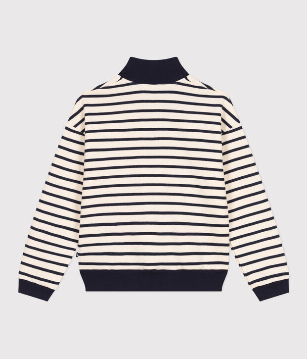 Sweatshirt col camionneur en molleton gratt&eacute; femme &eacute;cru/bleu