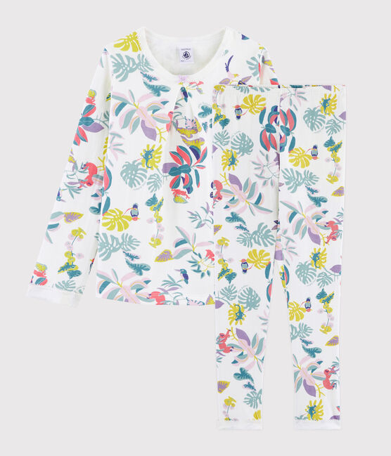 Pyjama imprimé jungle petite fille en tubique blanc MARSHMALLOW/blanc MULTICO
