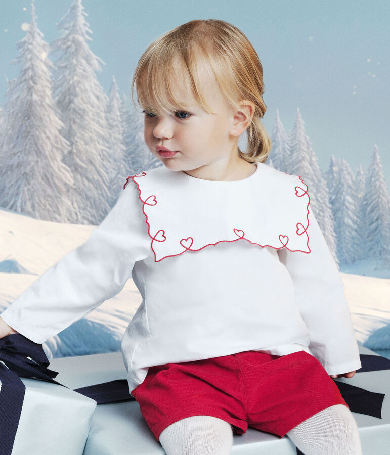Blouse b&eacute;b&eacute; en popeline de coton manches longues, brod&eacute;e c&oelig;urs blanc ECUME