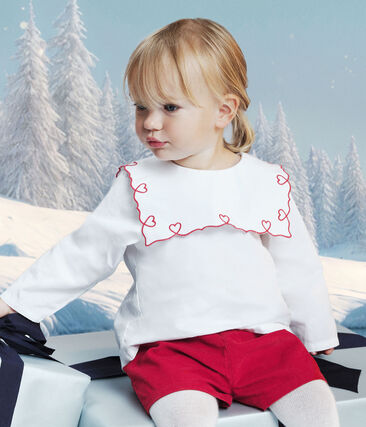 Blouse bébé en popeline de coton manches longues, brodée cœurs
