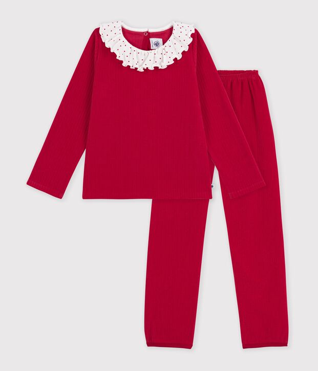Pyjama enfant en velours c&ocirc;tel&eacute; uni &agrave; collerette rouge