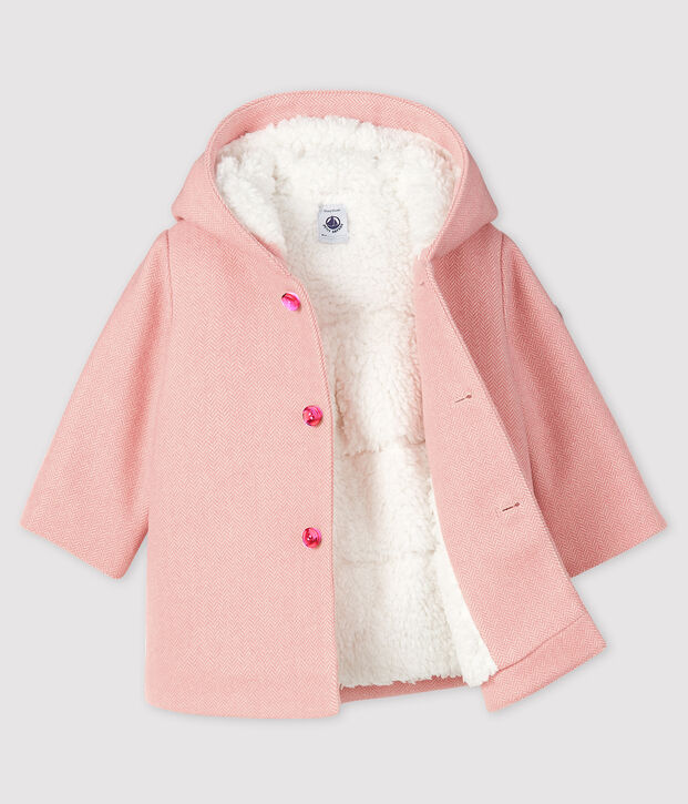 Manteau b&eacute;b&eacute; fille en drap de laine rose/blanc