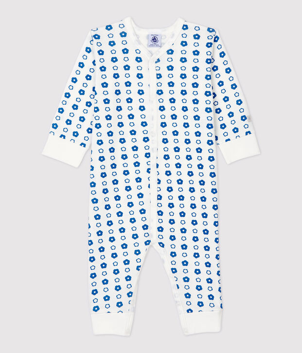 Dors-bien sans pieds b&eacute;b&eacute; fleurs r&eacute;tro en coton biologique blanc/bleu