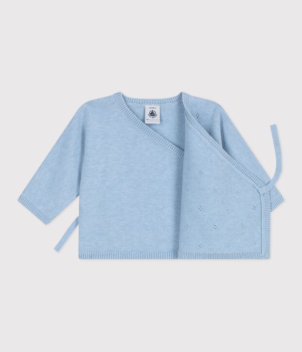 Brassi&egrave;re b&eacute;b&eacute; cache-c&oelig;ur ajour&eacute;e en tricot laine et coton bleu clair