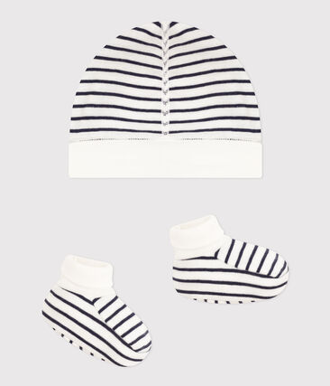 Lot de bonnet et chausson bébé en coton marinière (Petit Bateau) - Image 1