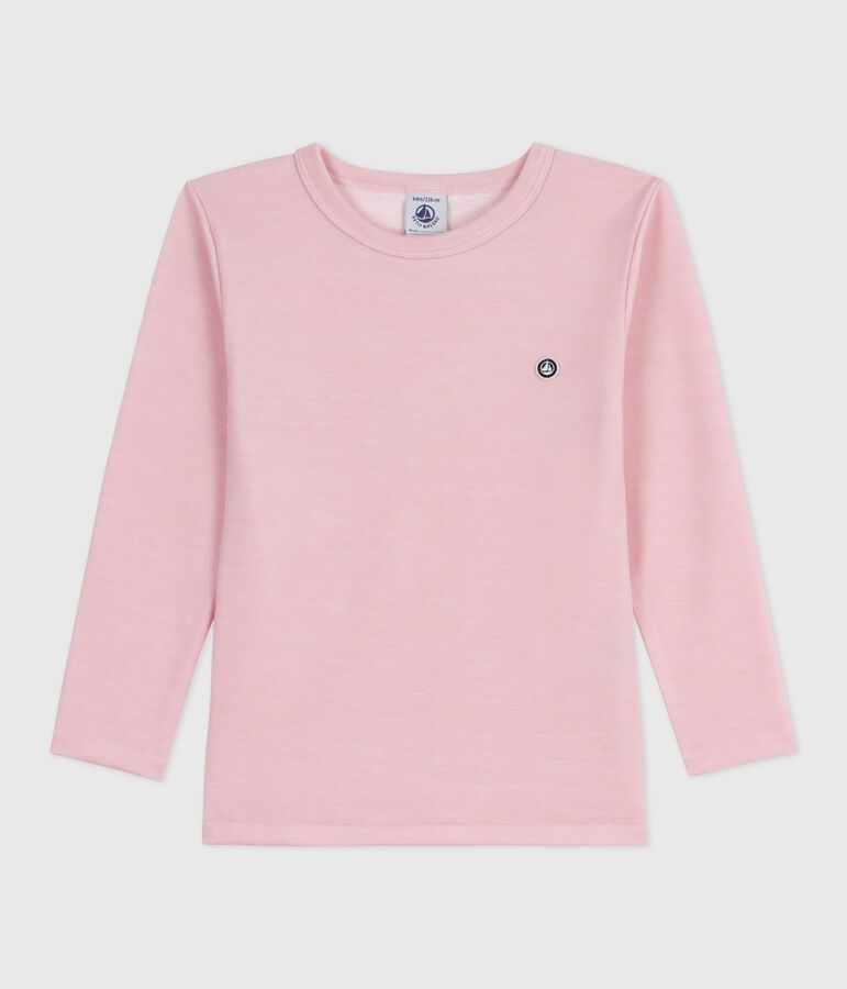 Tee-shirt enfant en laine et coton manches longues uni rose JOLI