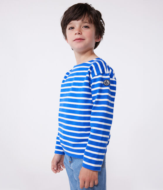 Marinière enfant mixte en coton manches longues bleu PERSE/blanc MARSHMALLOW