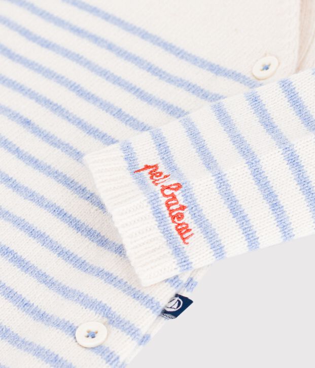 Combinaison b&eacute;b&eacute; en tricot laine et coton &agrave; rayures bleu/bleu