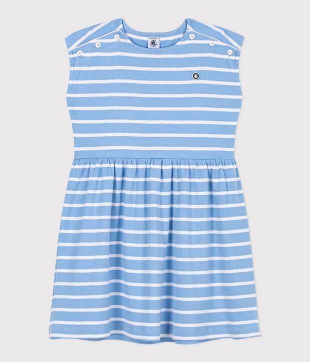 Robe sans manches enfant en coton &agrave; rayures bleu/blanc