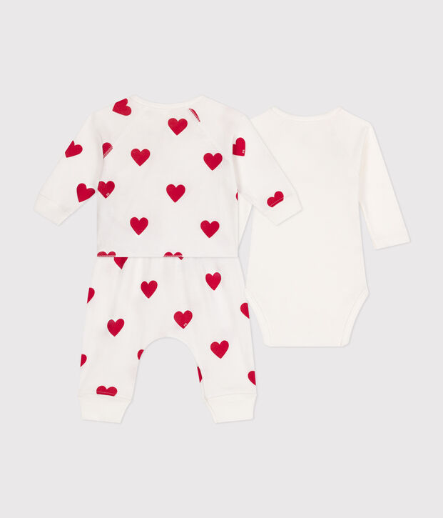 Ensemble 3 pi&egrave;ces imprim&eacute; coeur en coton b&eacute;b&eacute; blanc/rouge