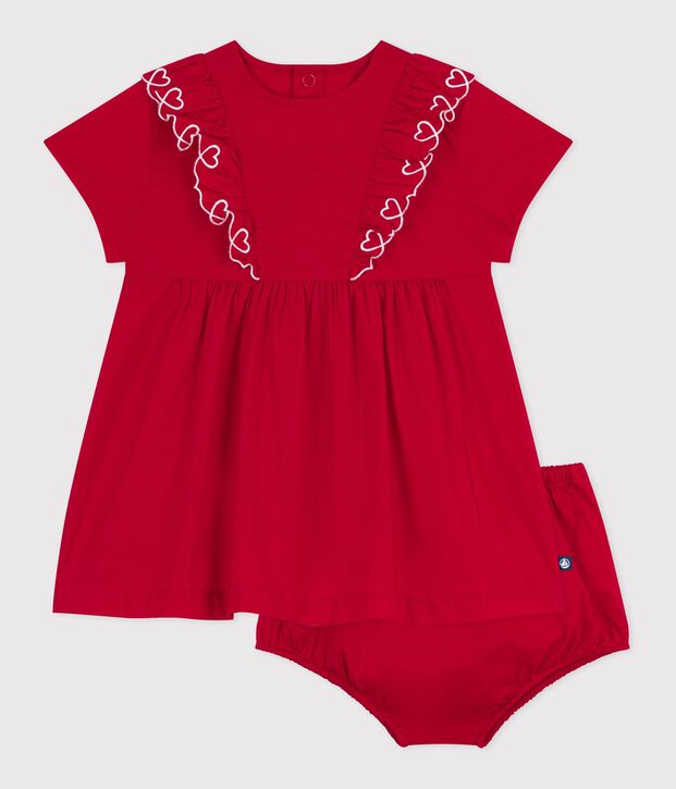 Robe b&eacute;b&eacute; en coton manches courtes unie avec son bloomer rouge