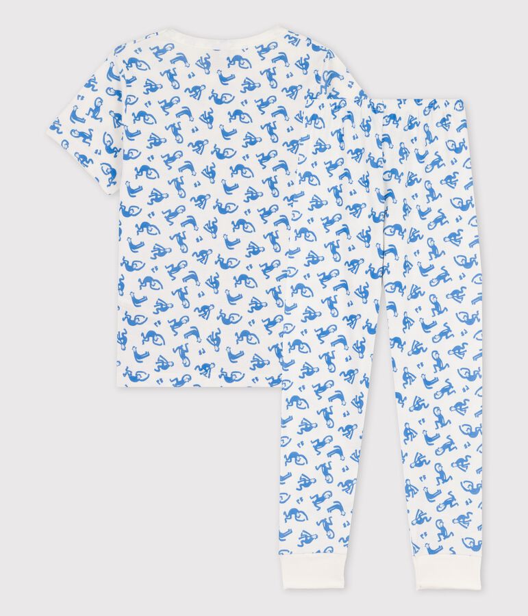 Pyjama manches courtes singes petit gar&ccedil;on en coton blanc MARSHMALLOW/bleu BRASIER