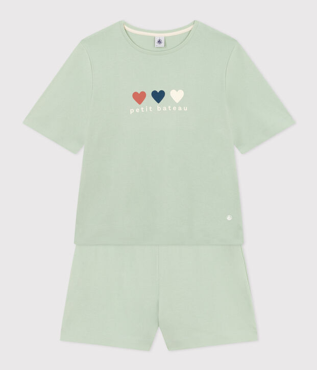 Pyjama short et tee-shirt en coton uni femme. vert