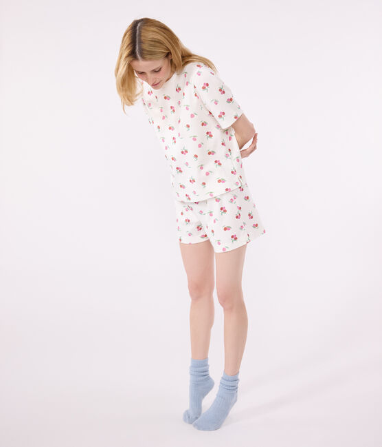 Pyjama short femme en coton imprimé fruits blanc MARSHMALLOW/blanc MULTICO