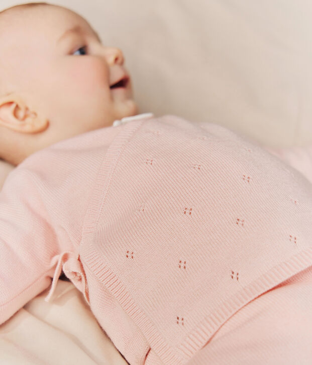 Brassi&egrave;re b&eacute;b&eacute; cache-c&oelig;ur ajour&eacute;e en tricot laine et coton rose clair