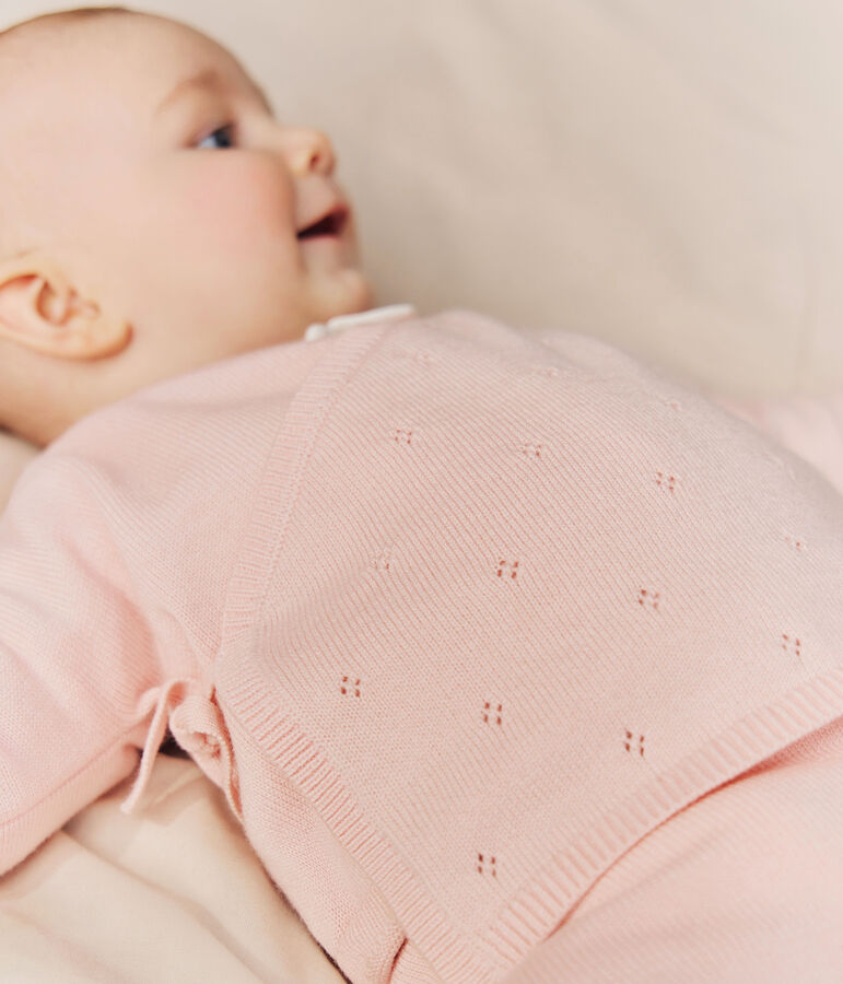 Brassi&egrave;re b&eacute;b&eacute; cache-c&oelig;ur ajour&eacute;e en tricot laine et coton rose JOLI