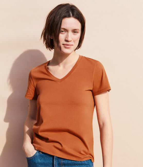 Tee-shirt LE DROIT col V en coton bio Femme marron ECUREUIL