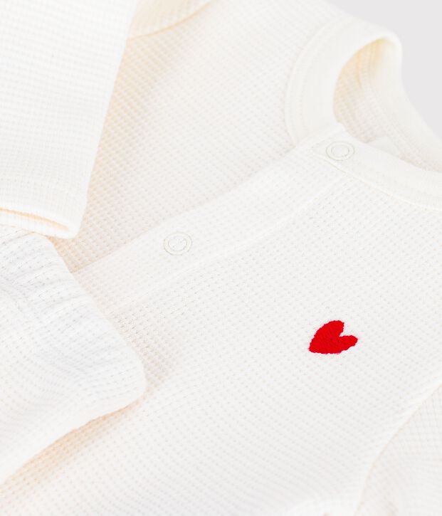 Ensemble b&eacute;b&eacute; en coton brod&eacute; poitrine uni blanc