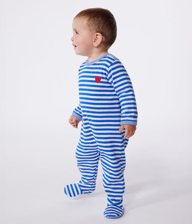 Pyjama b&eacute;b&eacute; en tubique ouverture au dos &agrave; rayures bleu/&eacute;cru