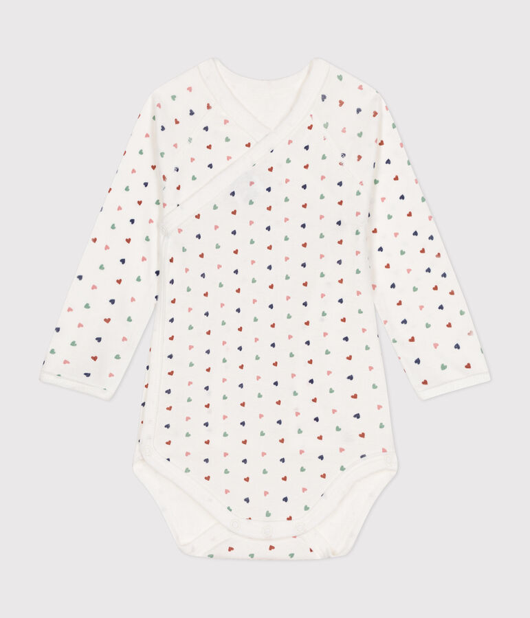 Body crois&eacute;s manches longues en coton b&eacute;b&eacute; blanc MARSHMALLOW/blanc MULTICO