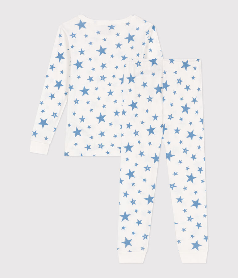 Pyjama tr&egrave;s ajust&eacute; enfant en coton imprim&eacute; blanc MARSHMALLOW/bleu ALASKA