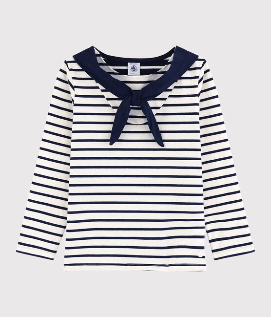 Tee-shirt manches longues en jersey enfant fille blanc MARSHMALLOW/bleu SMOKING