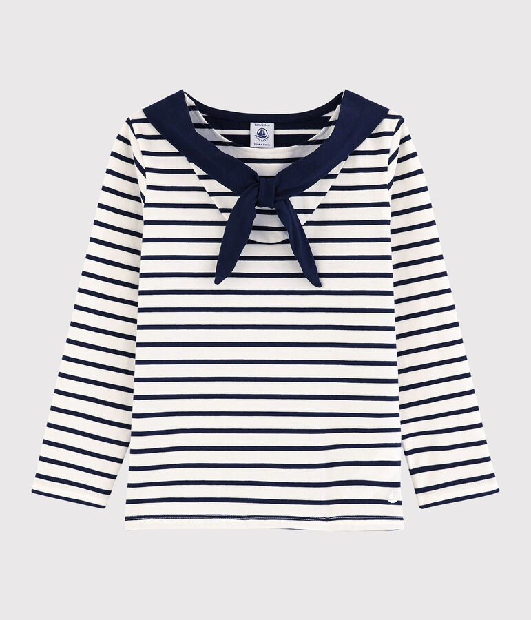 Tee-shirt manches longues en jersey enfant fille blanc/bleu