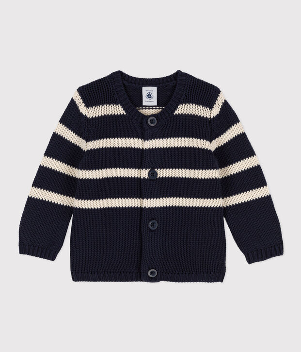 Cardigan b&eacute;b&eacute; en tricot de coton ray&eacute; bleu/&eacute;cru