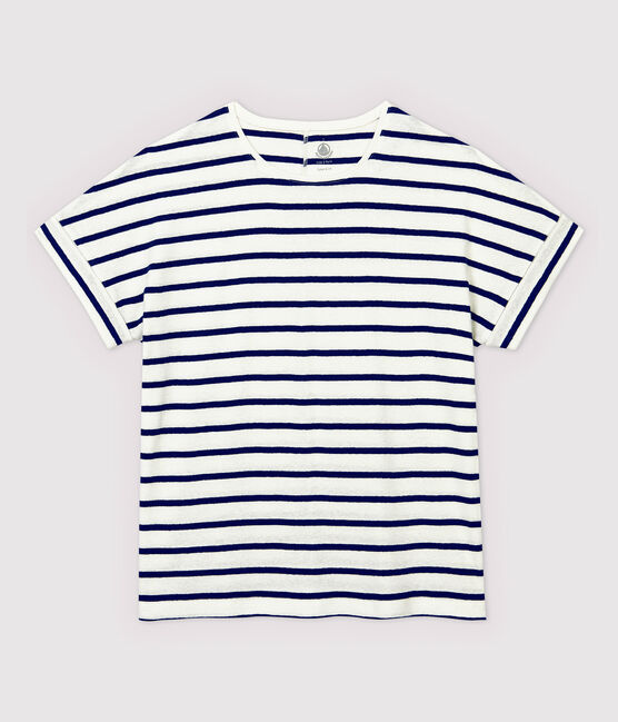 T-shirt en coton/lin rayé Femme blanc MARSHMALLOW/bleu MEDIEVAL