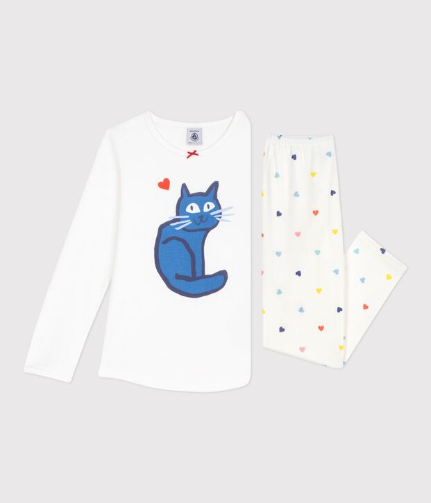 Pyjama enfant en coton &agrave; motif chat blanc/multicouleur