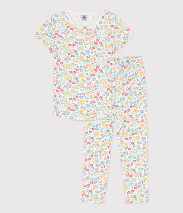 Pyjama manches courtes fleurs en coton petite fille blanc/multicouleur