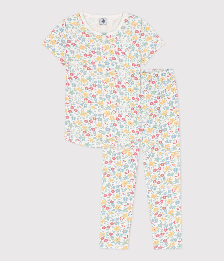 Pyjama manches courtes fleurs en coton petite fille blanc MARSHMALLOW/blanc MULTICO