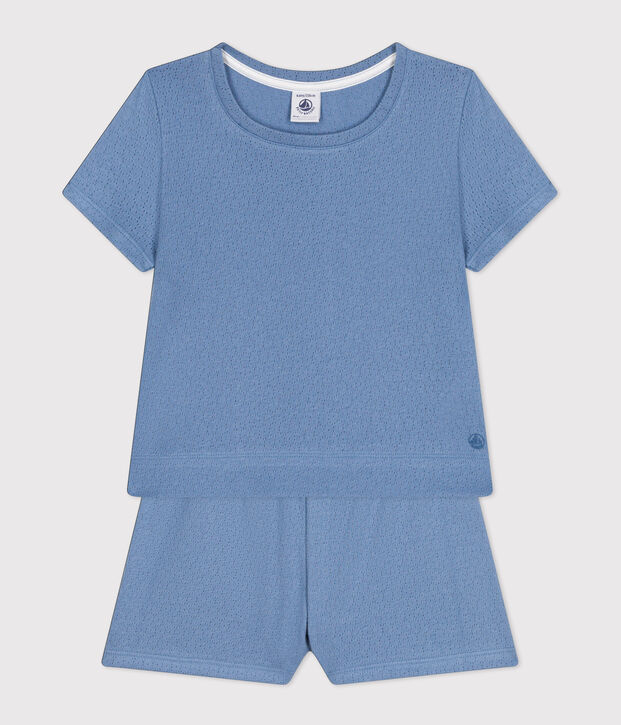 Pyjacourt uni en coton ajour&eacute; petite fille bleu