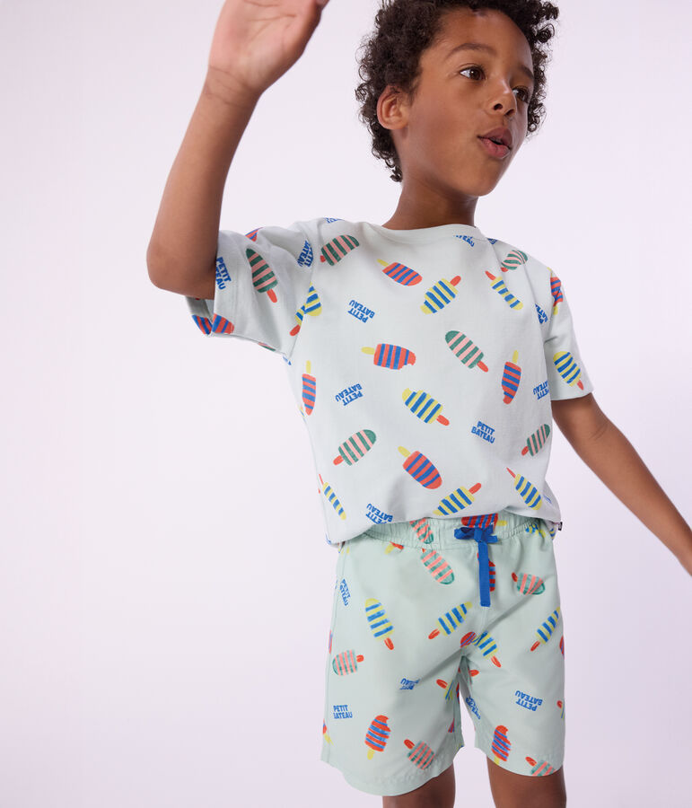 Tee-shirt enfant manches courtes en coton imprim&eacute; mouettes bleu/multicouleur