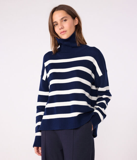 Pull col montant femme en laine et coton à rayures bleu SOIR/ MARSHMALLOW