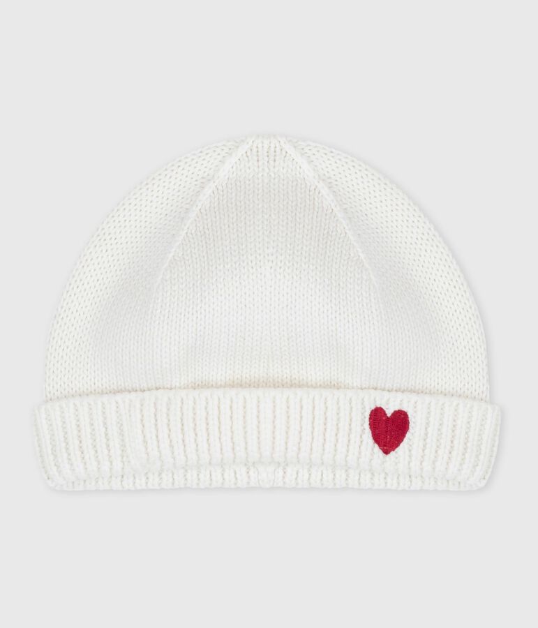 Bonnet naissance tricot&eacute; en coton blanc MARSHMALLOW