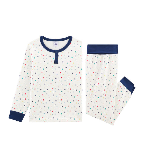 Pyjama petit garçon taille montante en molleton blanc MARSHMALLOW/blanc MULTICO