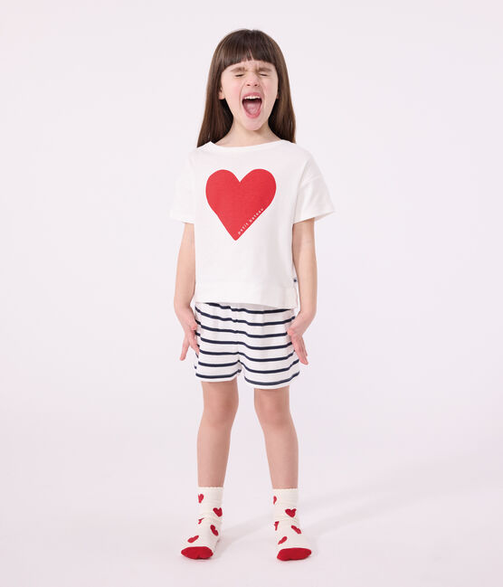 Pyjama short enfant en coton imprimé cœur blanc MARSHMALLOW/bleu SMOKING